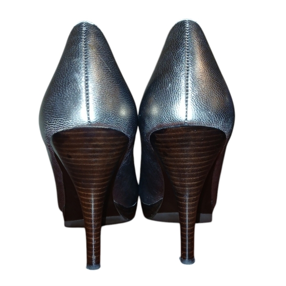 Calvin Klein Caleigh Metallic Leather Peep Toe Pumps Silver Platform Hee… - Picture 8 of 12